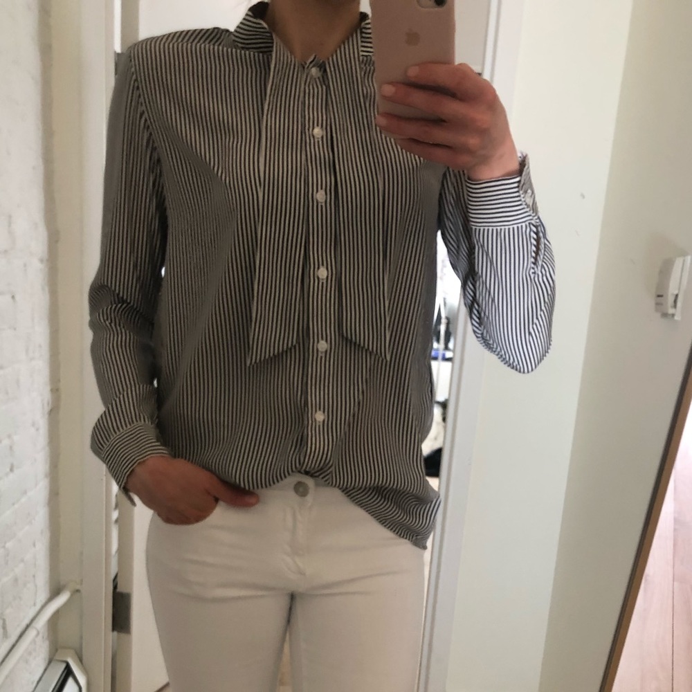 Navy/white pin striped blouse with necktie